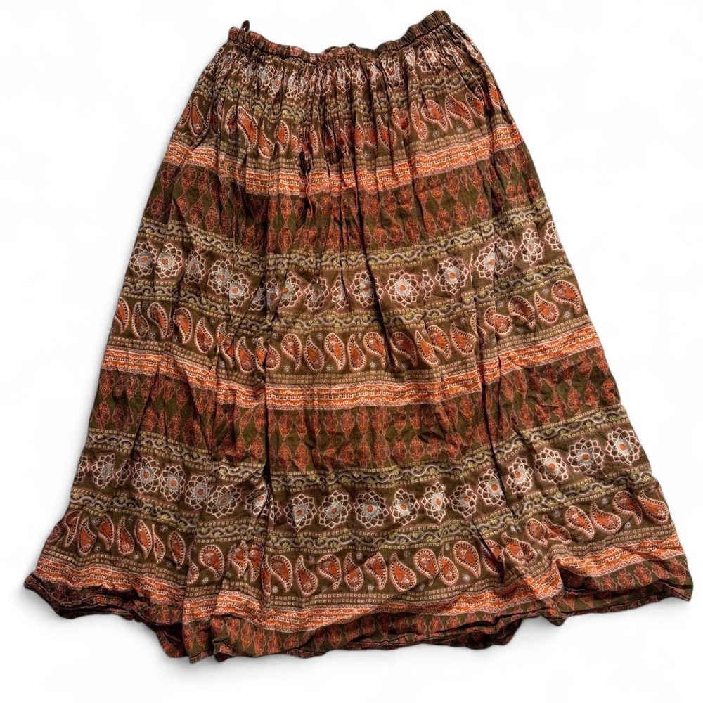 Jane Ashley Brown & Orange Paisley and Floral Print Skirt with Elastic Waistband